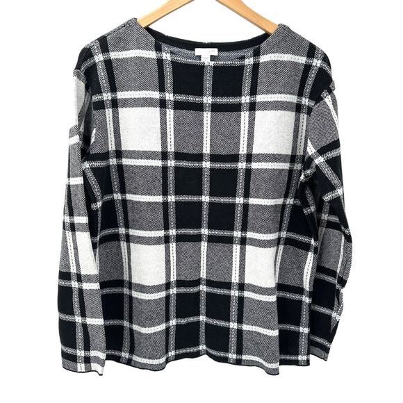 J Jill Sweater Womens Medium Black White Blue Plaid Pullover Knit Classic - Picture 1 of 8